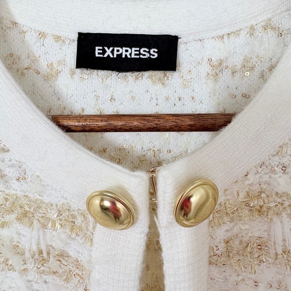 Express Womens M Lady Jacket Cream Gold Tweed Knit Cardigan Old Money Classic - Picture 7 of 13